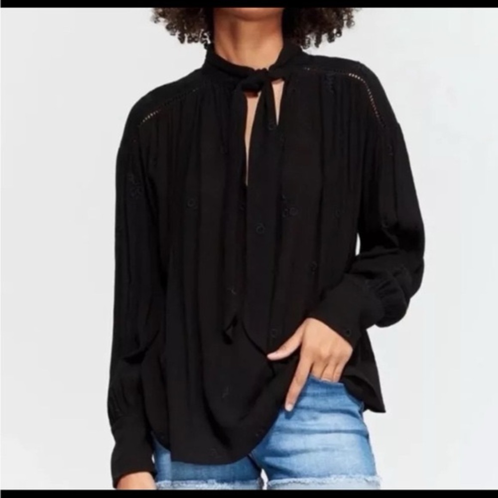 Free People Womens Black Long Sleeve Collar Crochet Button Down Blouse Top Sz Xs